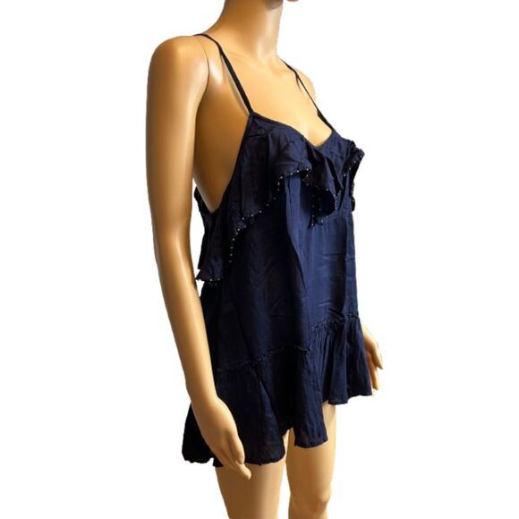 Free People Navy Blue Ruffle Top With Silver Embellished Beads size S/M E70 - Picture 2 of 12